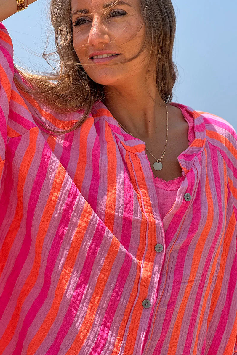 Hot pink and orange striped cotton gauze shirt