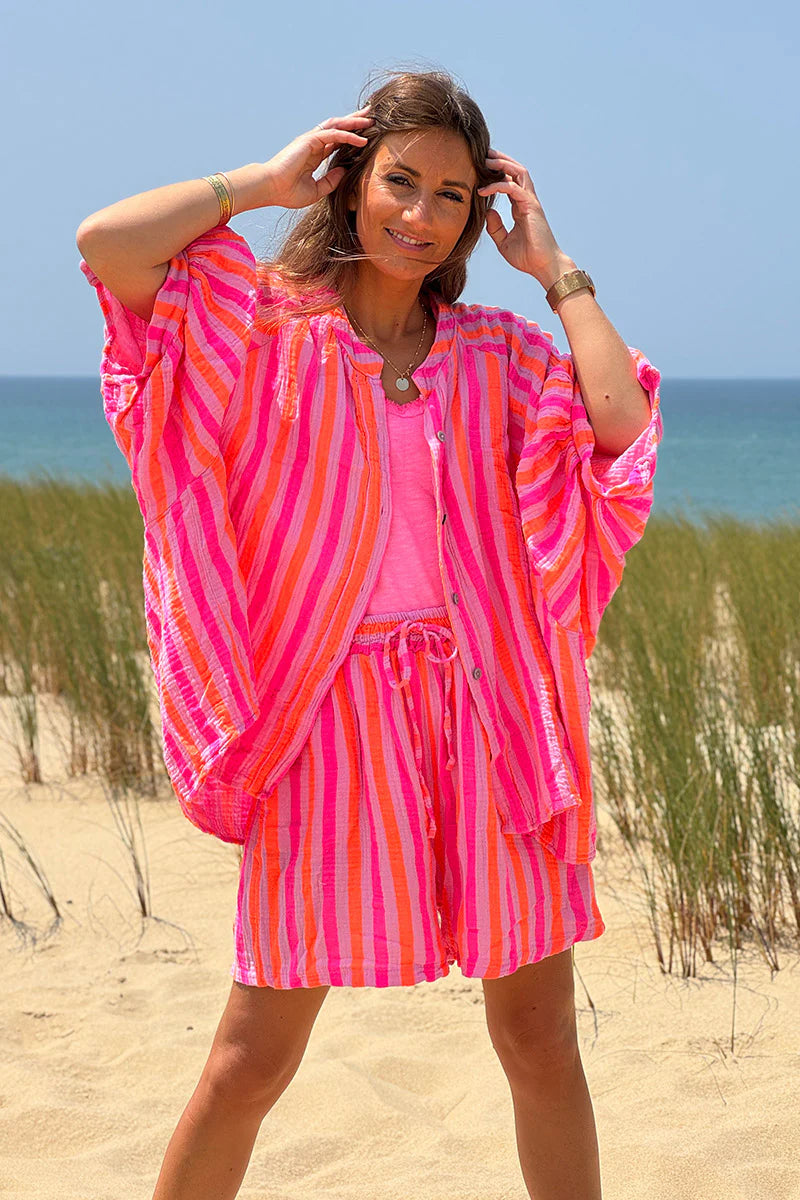 Hot pink and orange striped cotton gauze shirt