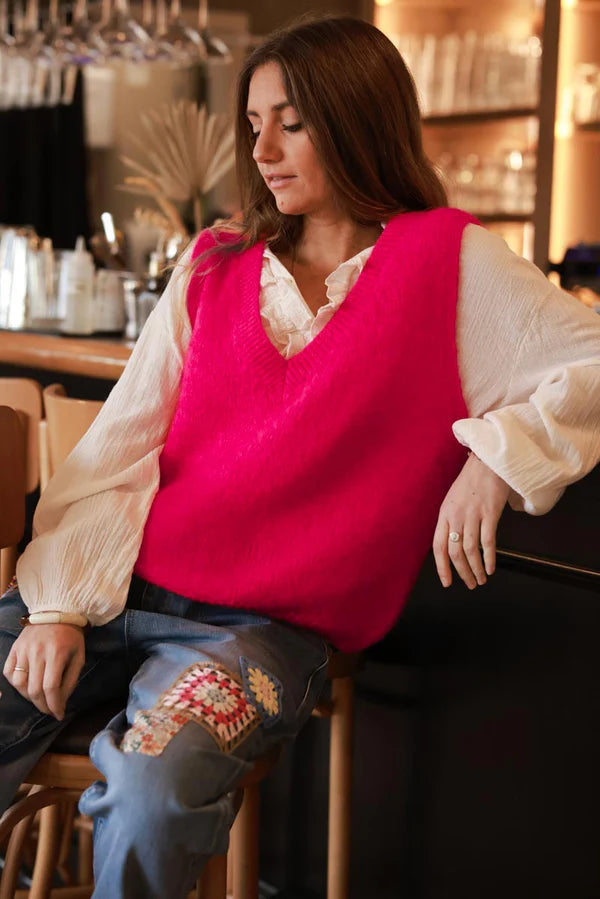 Hot Pink Kid Mohair Blend Sleeveless Sweater, ribbed v-neck