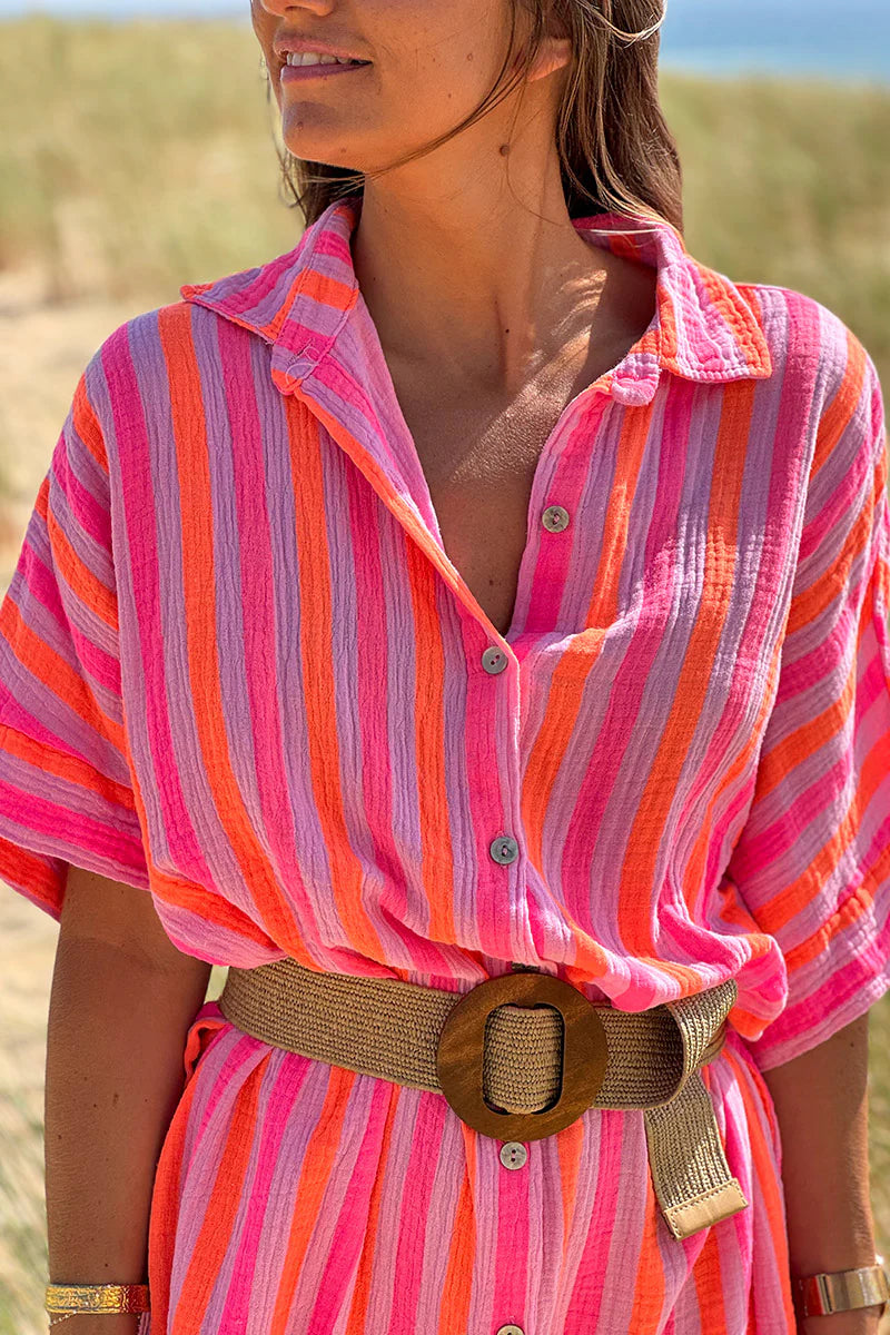 Hot Pink Striped Cabana Shirt Dress