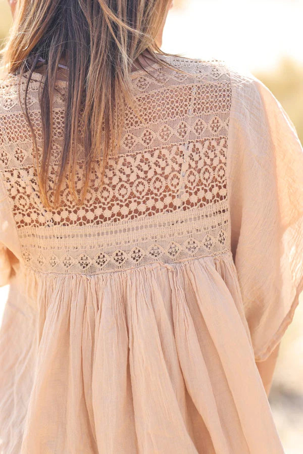 Ice brown floaty cotton dress with lace detail