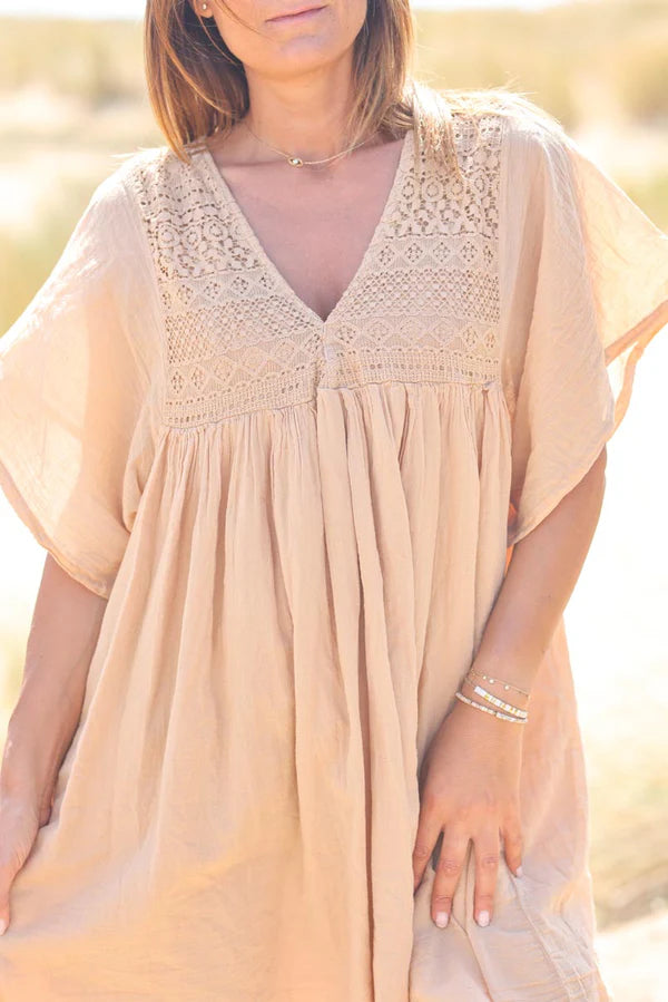 Ice brown floaty cotton dress with lace detail