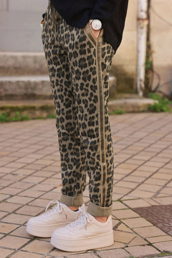 Ice brown Leopard print comfort sweat pants with satin outseams