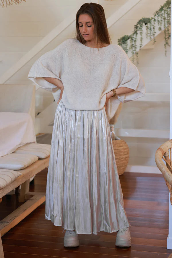 Iridescent Beige Soft Pleated Maxi Skirt