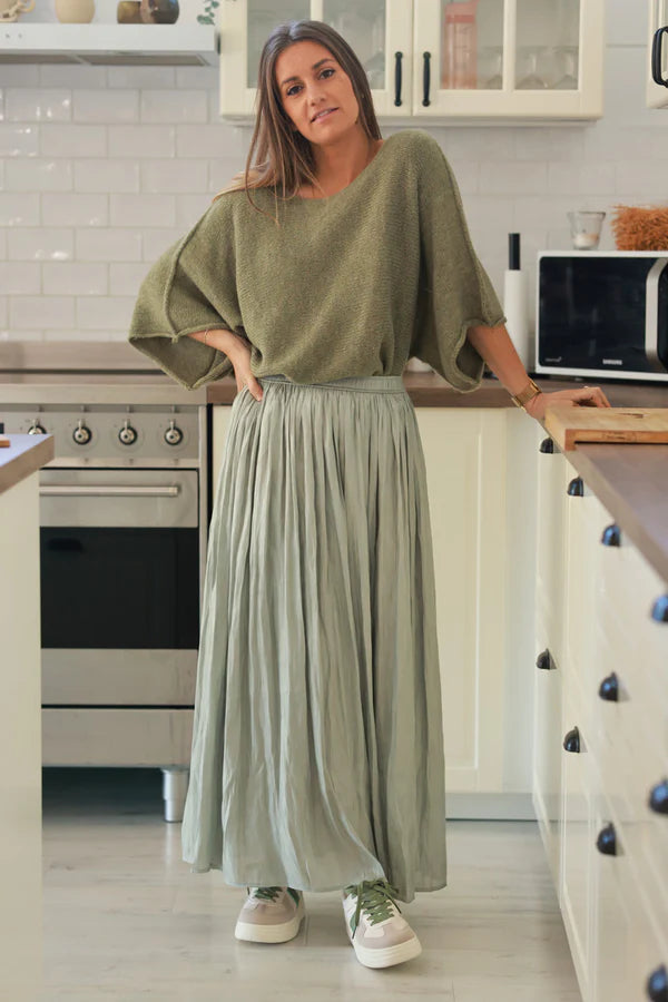 Iridescent Light olive Soft Pleated Maxi Skirt