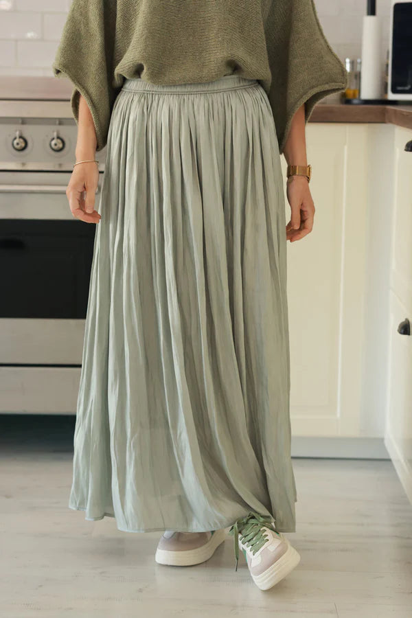 Iridescent Light olive Soft Pleated Maxi Skirt