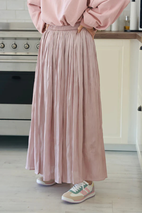 Iridescent Powder Pink Soft Pleated Maxi Skirt