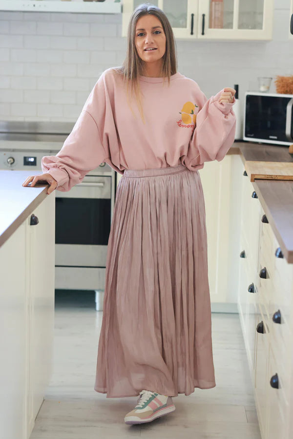 Iridescent Powder Pink Soft Pleated Maxi Skirt