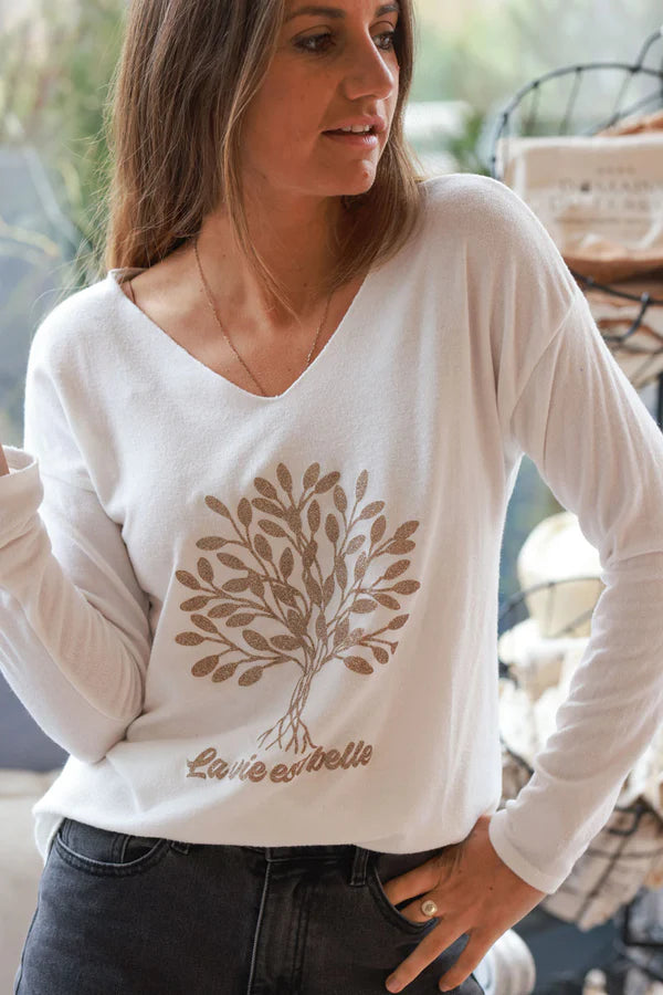 Cream “La Vie Est Belle” Gold Glitter Tree Long-Sleeve Tee