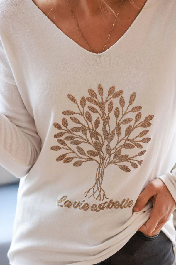 Cream “La Vie Est Belle” Gold Glitter Tree Long-Sleeve Tee