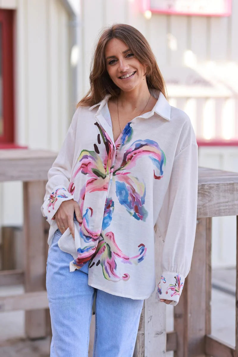 Ivory Watercolor Hibiscus Button-Down Blouse