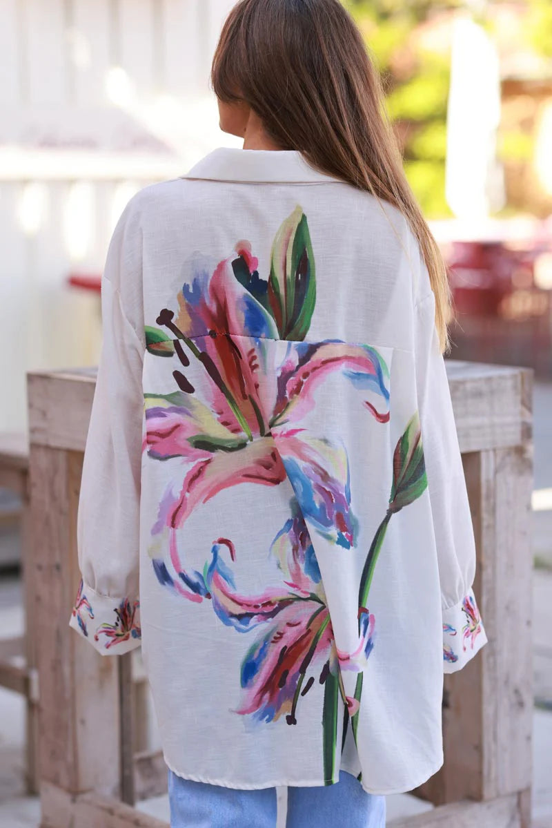 Ivory Watercolor Hibiscus Button-Down Blouse