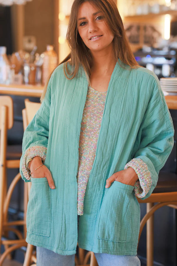 Jade Green Relaxed Fit Crinkle Cotton Gauze Jacket