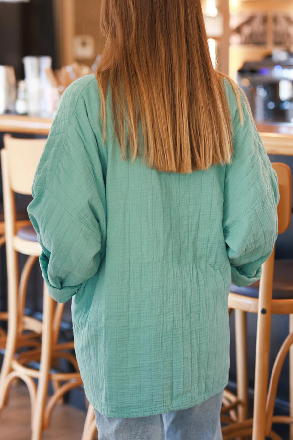 Jade Green Relaxed Fit Crinkle Cotton Gauze Jacket