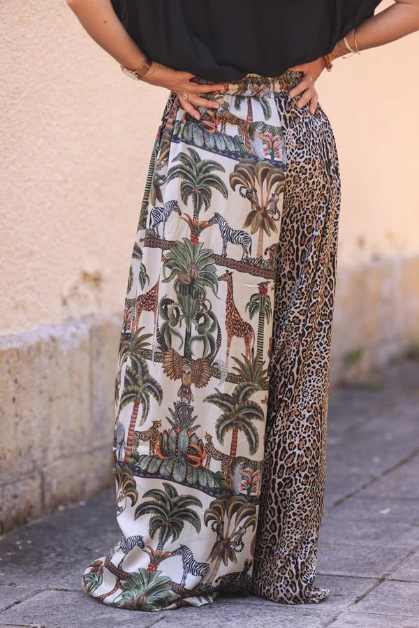 Jungle and Leopard Print Silky Floaty Wide Leg Pants