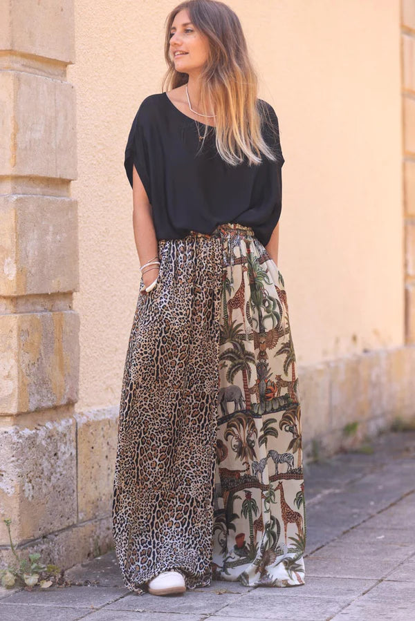 Jungle and Leopard Print Silky Floaty Wide Leg Pants