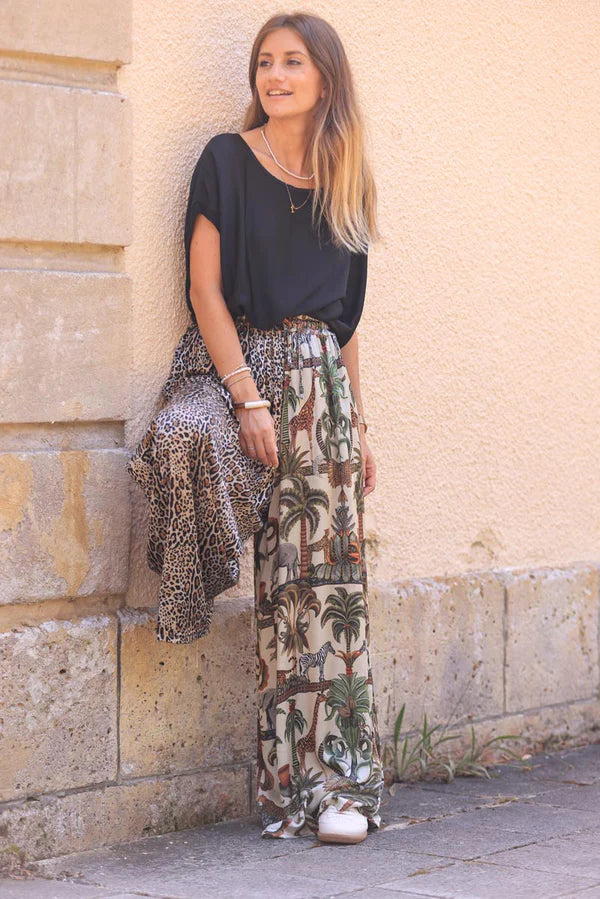 Jungle and Leopard Print Silky Floaty Wide Leg Pants