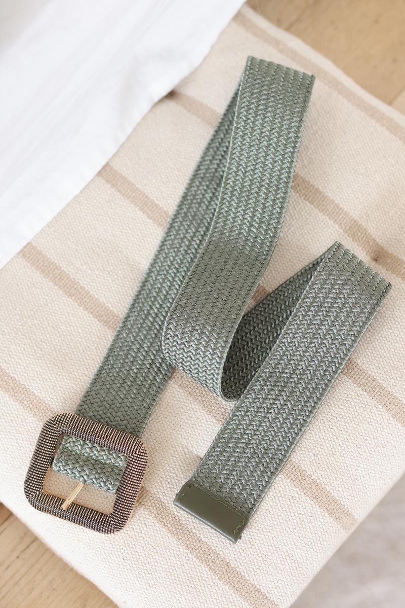 Khaki braided belt with square gold buckle