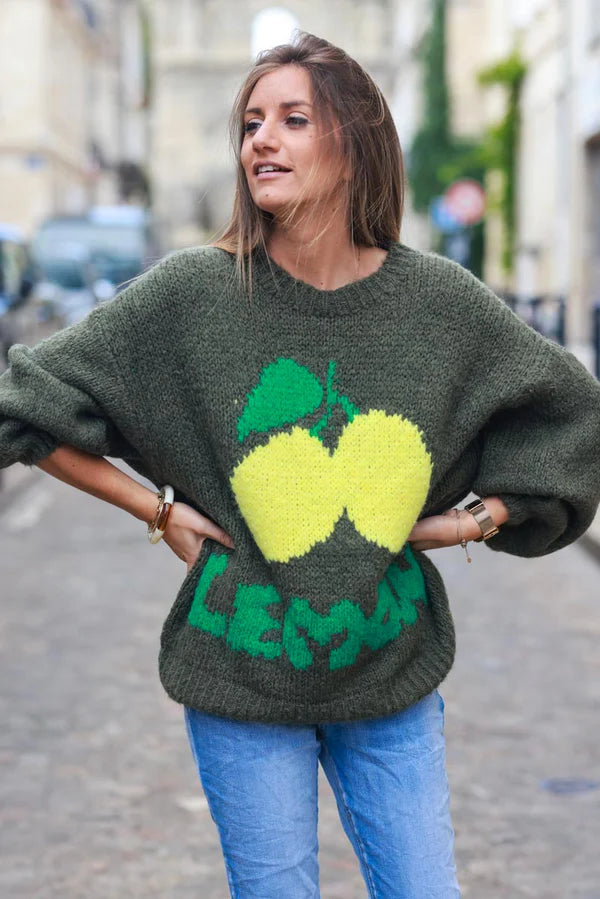 Olive Chunky Knit Sweater with Lemon Pattern