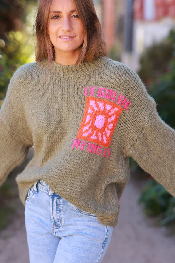 Olive Chunky Knit Sweater with Vibrant Sun Embroidery