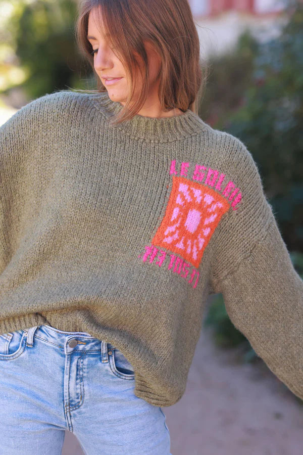 Olive Chunky Knit Sweater with Vibrant Sun Embroidery