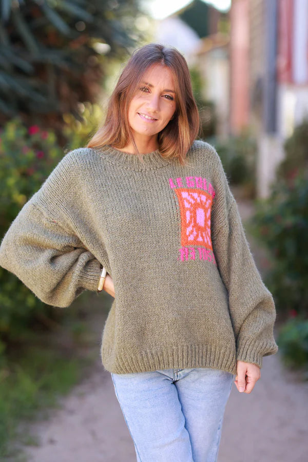 Olive Chunky Knit Sweater with Vibrant Sun Embroidery