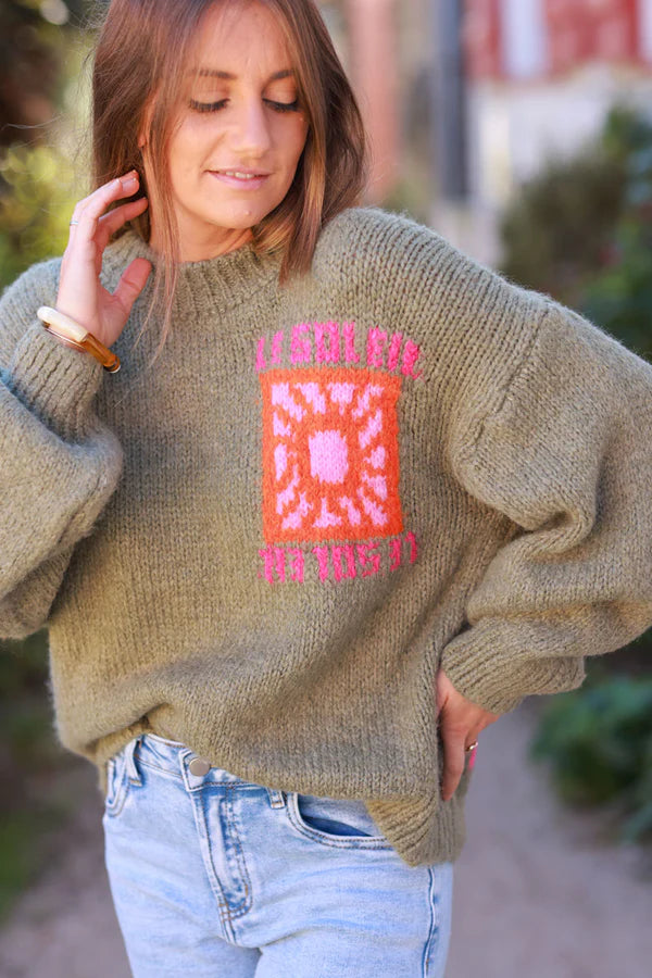 Olive Chunky Knit Sweater with Vibrant Sun Embroidery