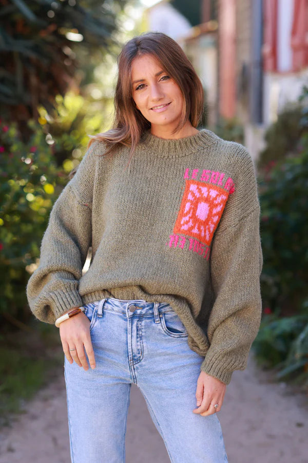 Olive Chunky Knit Sweater with Vibrant Sun Embroidery