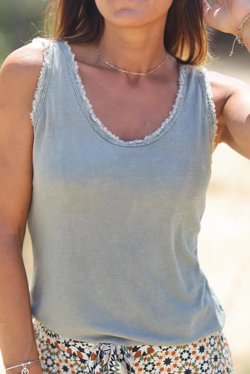 Khaki cotton tank top with fringes