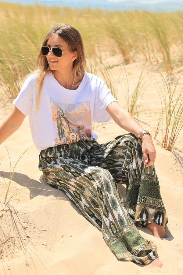 Olive Glitch Stripes Print Floaty Pants with Elasticated Waist