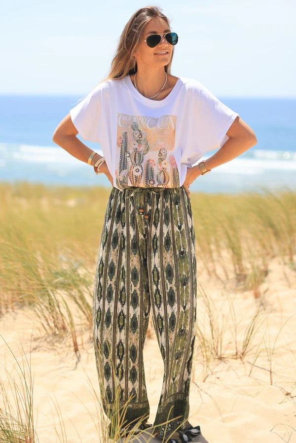 Olive Glitch Stripes Print Floaty Pants with Elasticated Waist