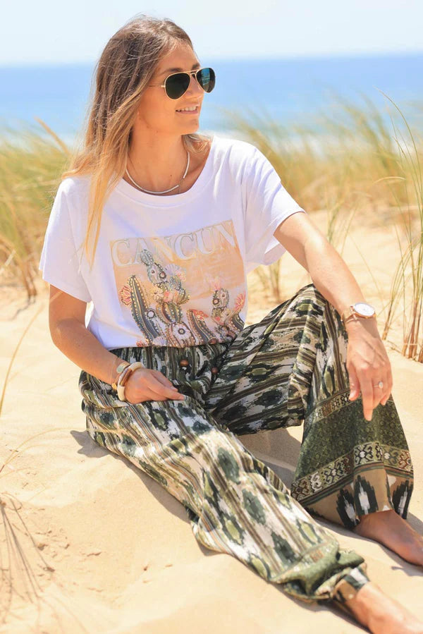 Olive Glitch Stripes Print Floaty Pants with Elasticated Waist