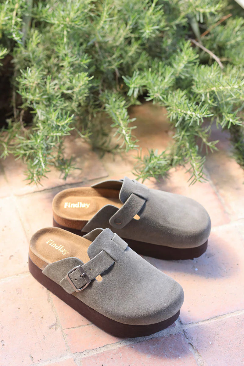 Khaki leather slip on flatform mules with buckle