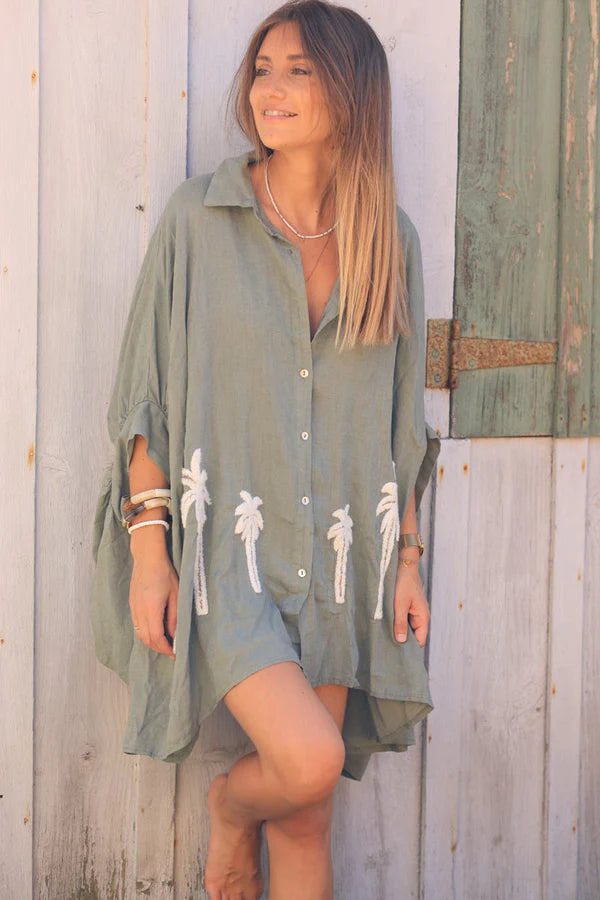 Khaki linen blend oversized shirt with palm tree in boucle