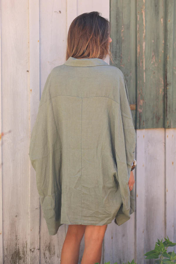 Khaki linen blend oversized shirt with palm tree in boucle