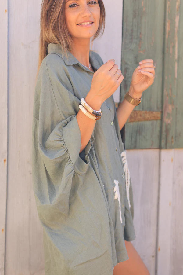 Khaki linen blend oversized shirt with palm tree in boucle