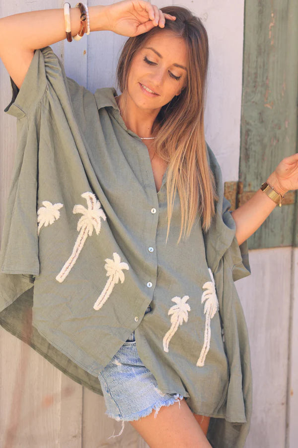 Khaki linen blend oversized shirt with palm tree in boucle