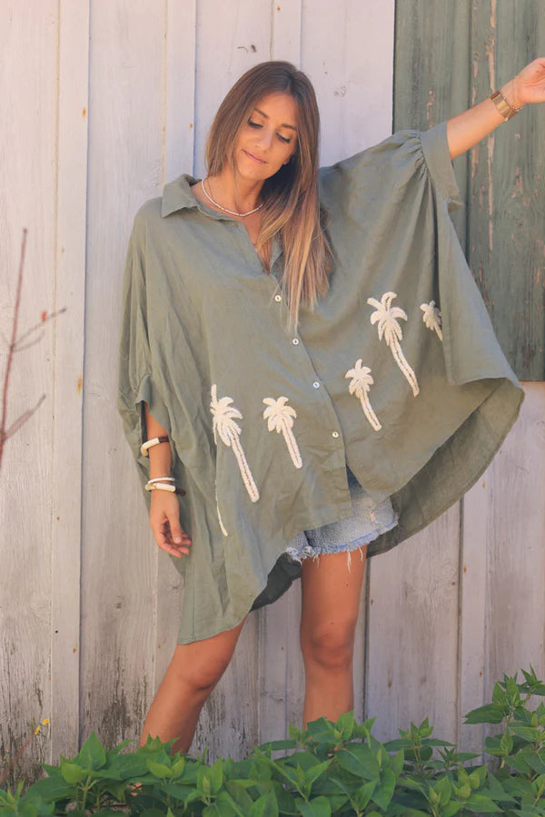 Khaki linen blend oversized shirt with palm tree in boucle