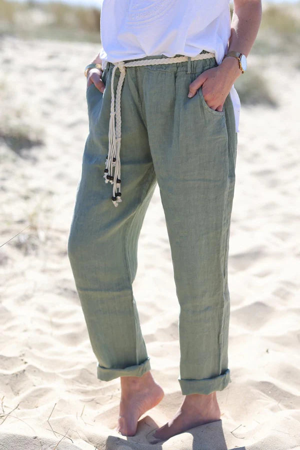 Olive Linen Pants with Crochet and Wooden beaded belt