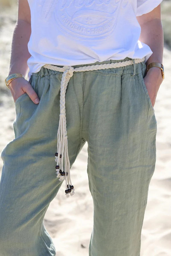 Olive Linen Pants with Crochet and Wooden beaded belt