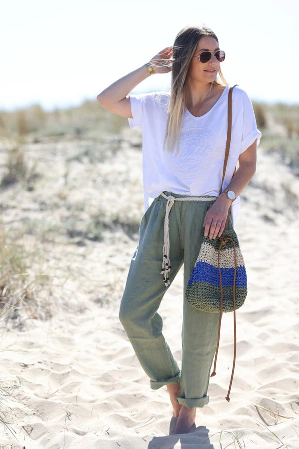 Olive Linen Pants with Crochet and Wooden beaded belt