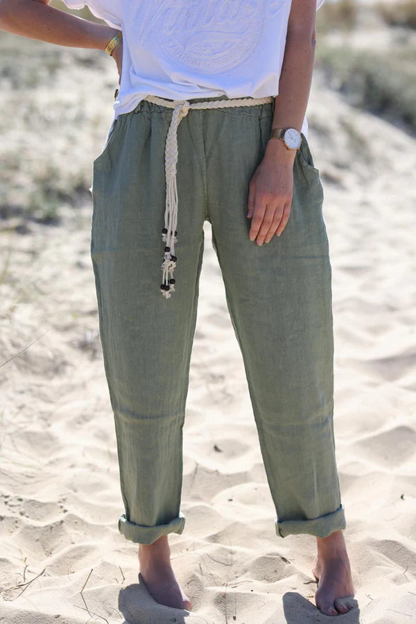 Olive Linen Pants with Crochet and Wooden beaded belt