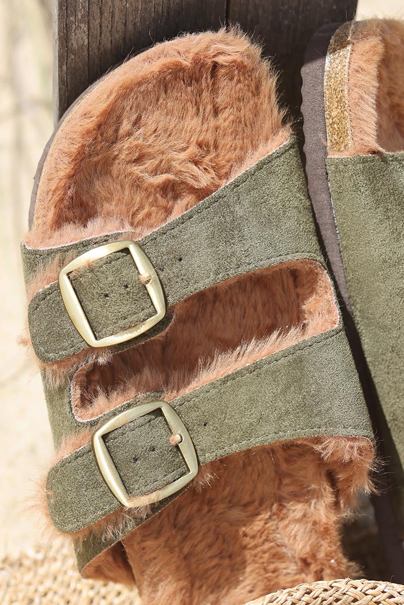 Khaki moulded sandals with faux fur sole