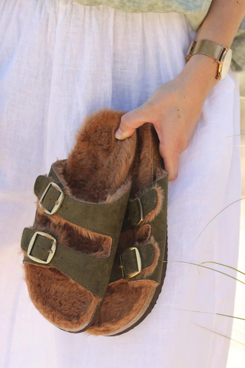 Khaki moulded sandals with faux fur sole