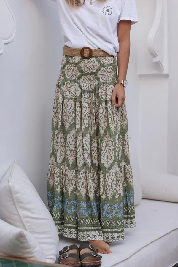 Khaki oriental style floaty tiered skirt with wooden raphia belt