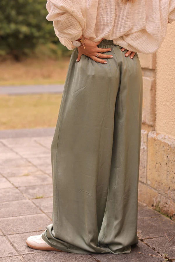 Olive Silky Wide-Leg Floaty Pants