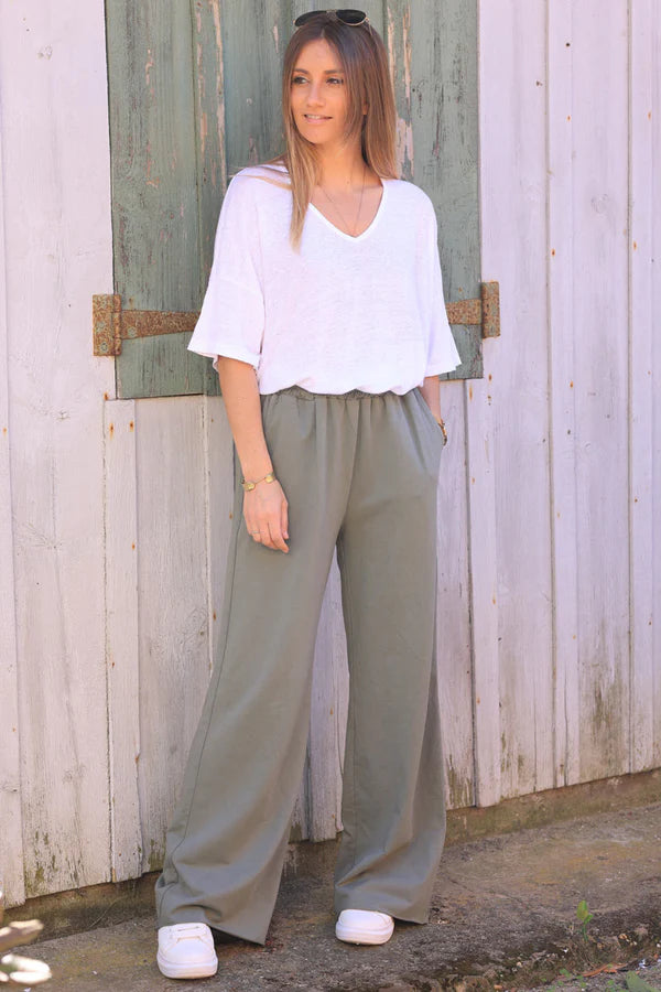 Olive Stretch Cotton Wide Leg Flared Sweatpants