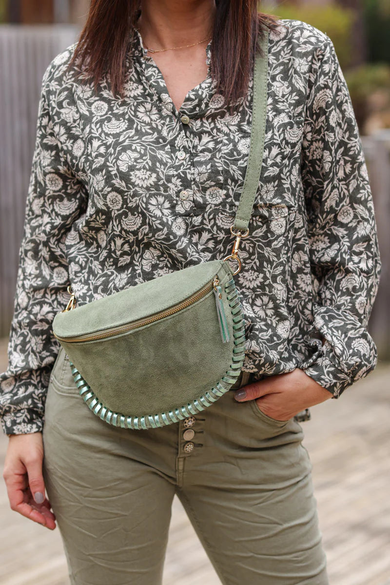 Khaki suede leather bum bag fanny pack with metallic stitching