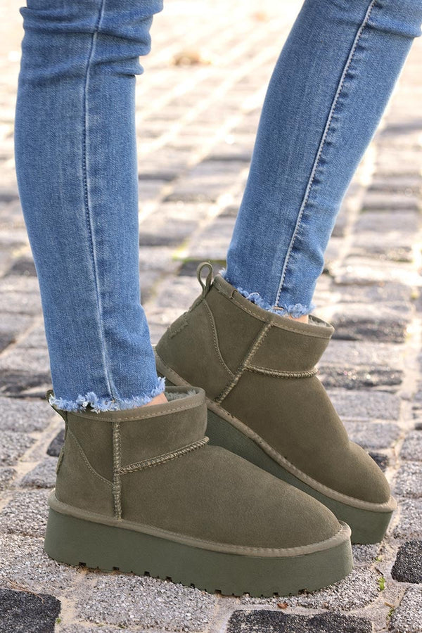 Olive leather suede flatform comfort ankle boots