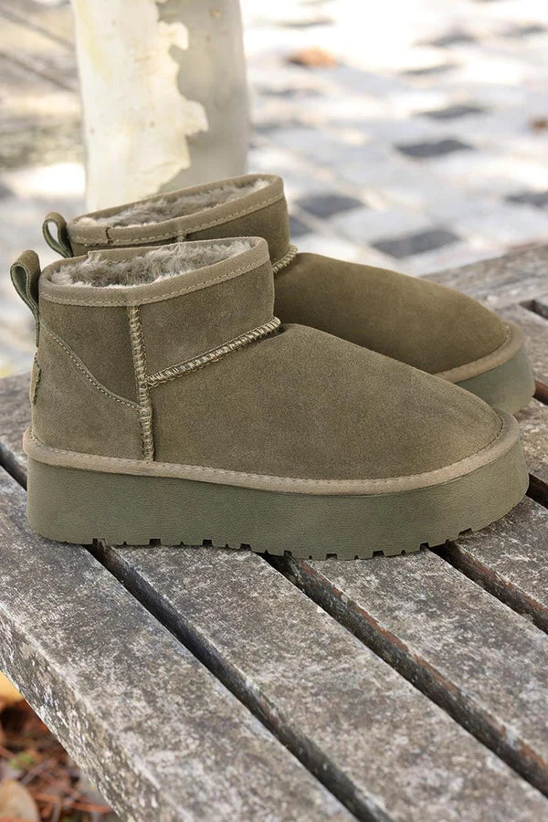 Olive leather suede flatform comfort ankle boots